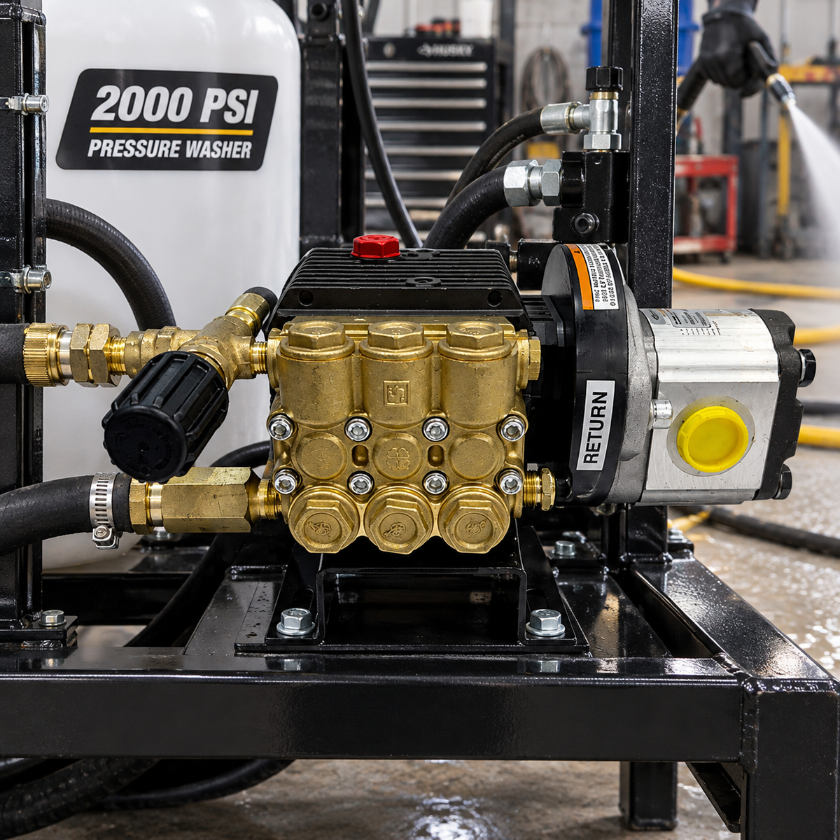 The 2000 PSI Hydraulic Driven Pressure Washer Pump in installed on a pressure washer.