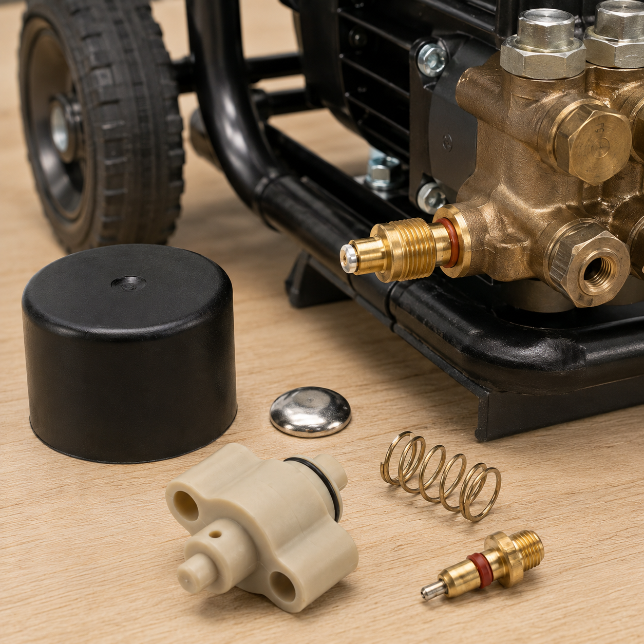 Close-up of a Thermal Relief Valve assembly with a black cylindrical filter cap, beige plastic solenoid valve, brass fittings, a metal spring, and a small valve adapter placed on a light wood surface next to the black and brass pump body.