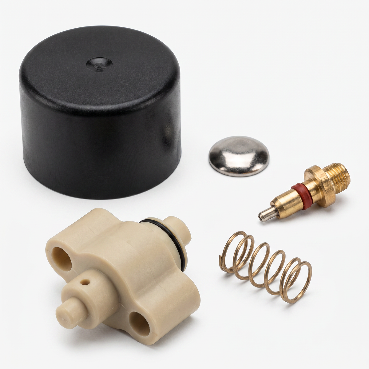 A set of plumbing or gas valve replacement parts arranged on a white background, including a black cylindrical cap, a beige plastic body, a brass fitting with a red ring, a metal spring, and a small silver cap.