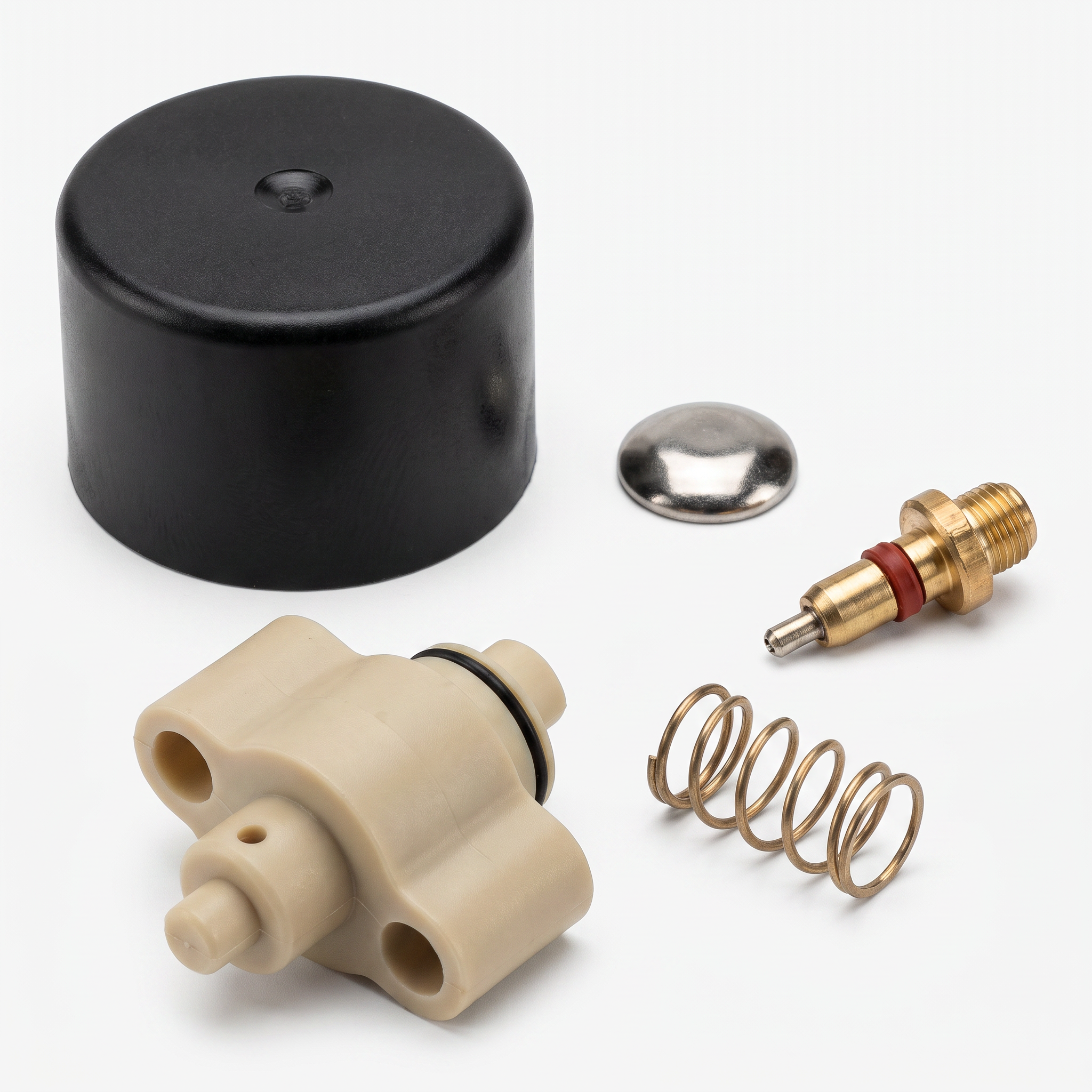 A set of plumbing or gas valve replacement parts arranged on a white background, including a black cylindrical cap, a beige plastic body, a brass fitting with a red ring, a metal spring, and a small silver cap.