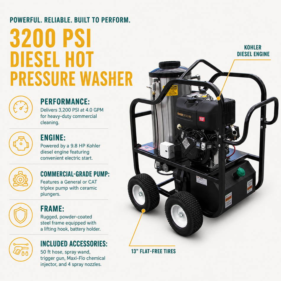3200 PSI Diesel Hot Water Power Pressure Washer infographic