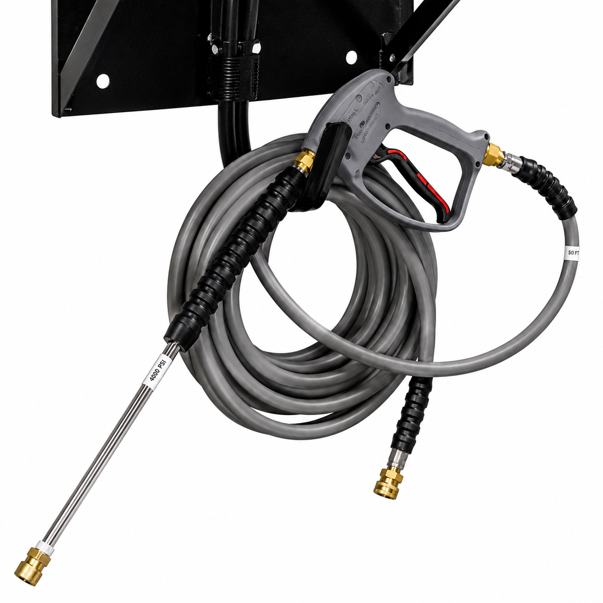 A coiled gray pressure washer hose with a gray spray gun and lance, shown hanging from the 4000 PSI Wall Mount Electric Pressure Washer.