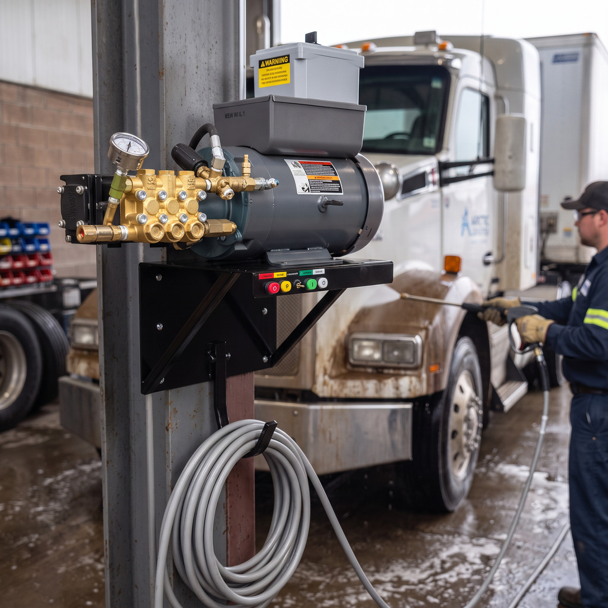4000 PSI wall-mount electric pressure washer installed on a post while a worker pressure washes a commercial semi-truck.