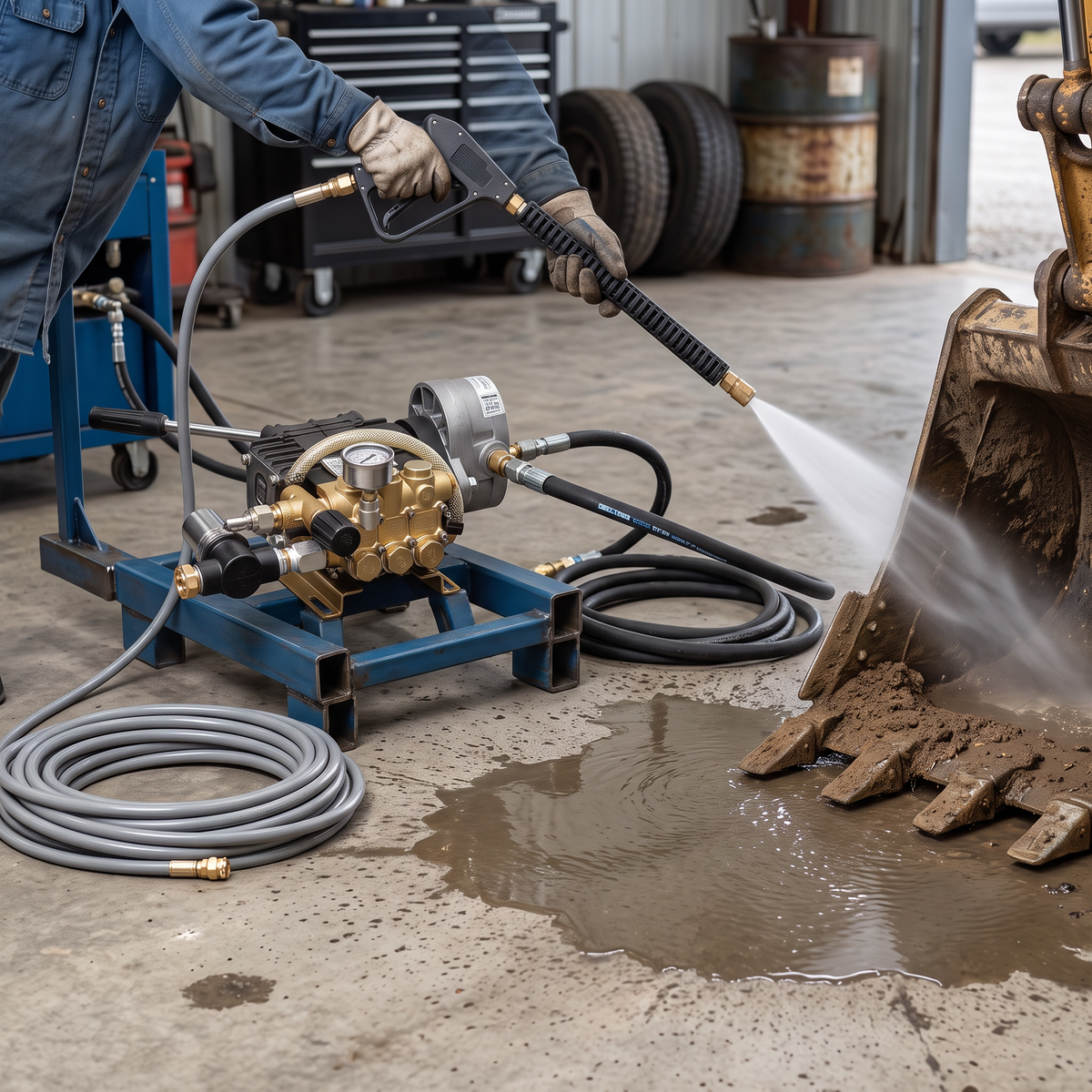 4000 PSI hydraulic pressure washer unit mounted on a frame, being used to wash heavy equipment excavator bucket in a shop.