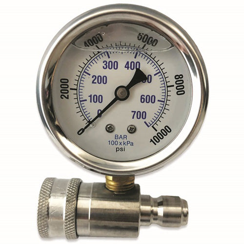 10,000 PSI Top Mount Gauge on Stainless QC Fitting