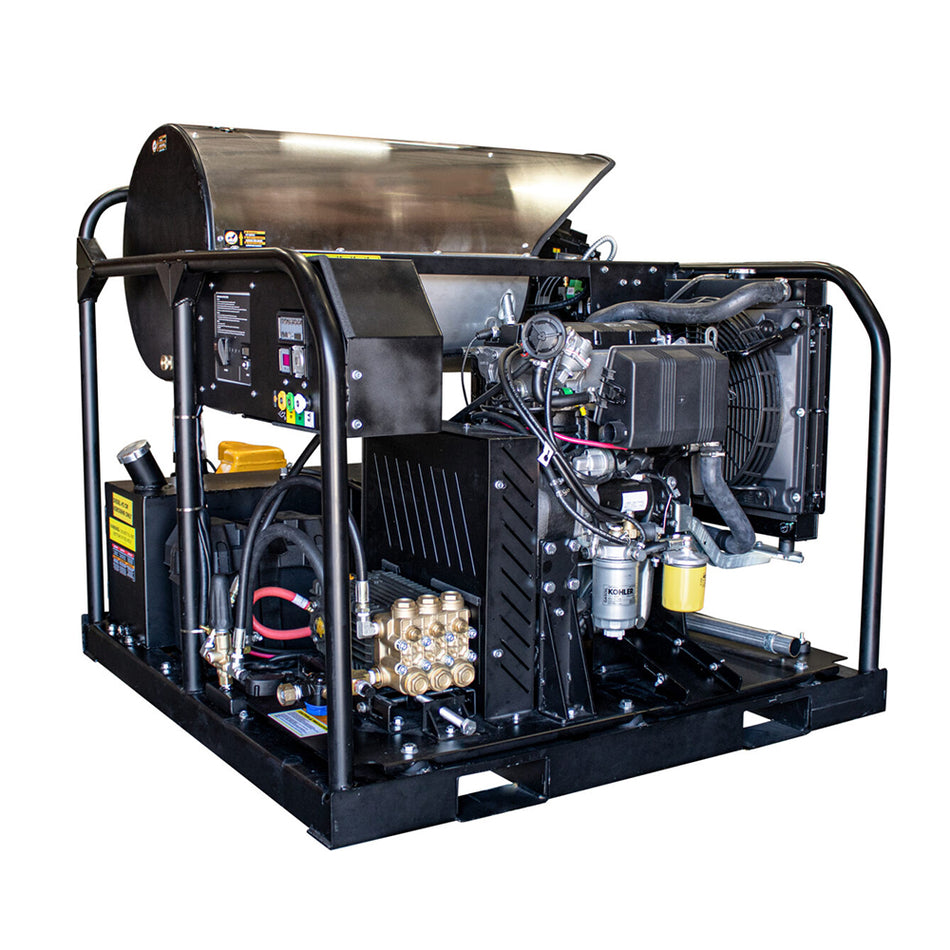 4000 PSI @ 6gpm Horizontal Hot Water Series Pressure Washer with a General Pump Belt Drive 50ft x 3/8in Steel Braided Hose plus nozzle accessories