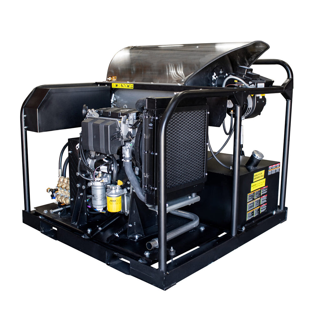 4000 PSI @ 6gpm Horizontal Hot Water Series Pressure Washer with a General Pump Belt Drive 50ft x 3/8in Steel Braided Hose plus nozzle accessories