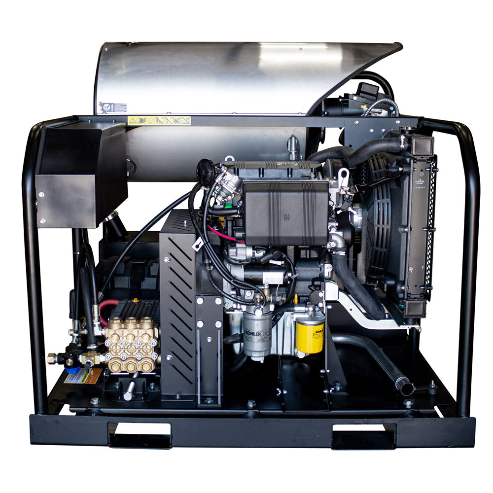 4000 PSI @ 6gpm Horizontal Hot Water Series Pressure Washer with a General Pump Belt Drive 50ft x 3/8in Steel Braided Hose plus nozzle accessories