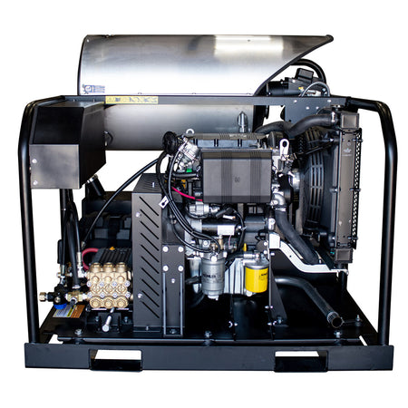 4000 PSI @ 6gpm Horizontal Hot Water Series Pressure Washer with a General Pump Belt Drive 50ft x 3/8in Steel Braided Hose plus nozzle accessories