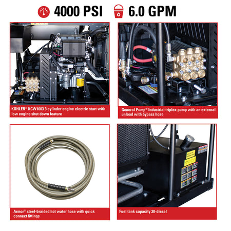 4000 PSI @ 6gpm Horizontal Hot Water Series Pressure Washer with a General Pump Belt Drive 50ft x 3/8in Steel Braided Hose plus nozzle accessories