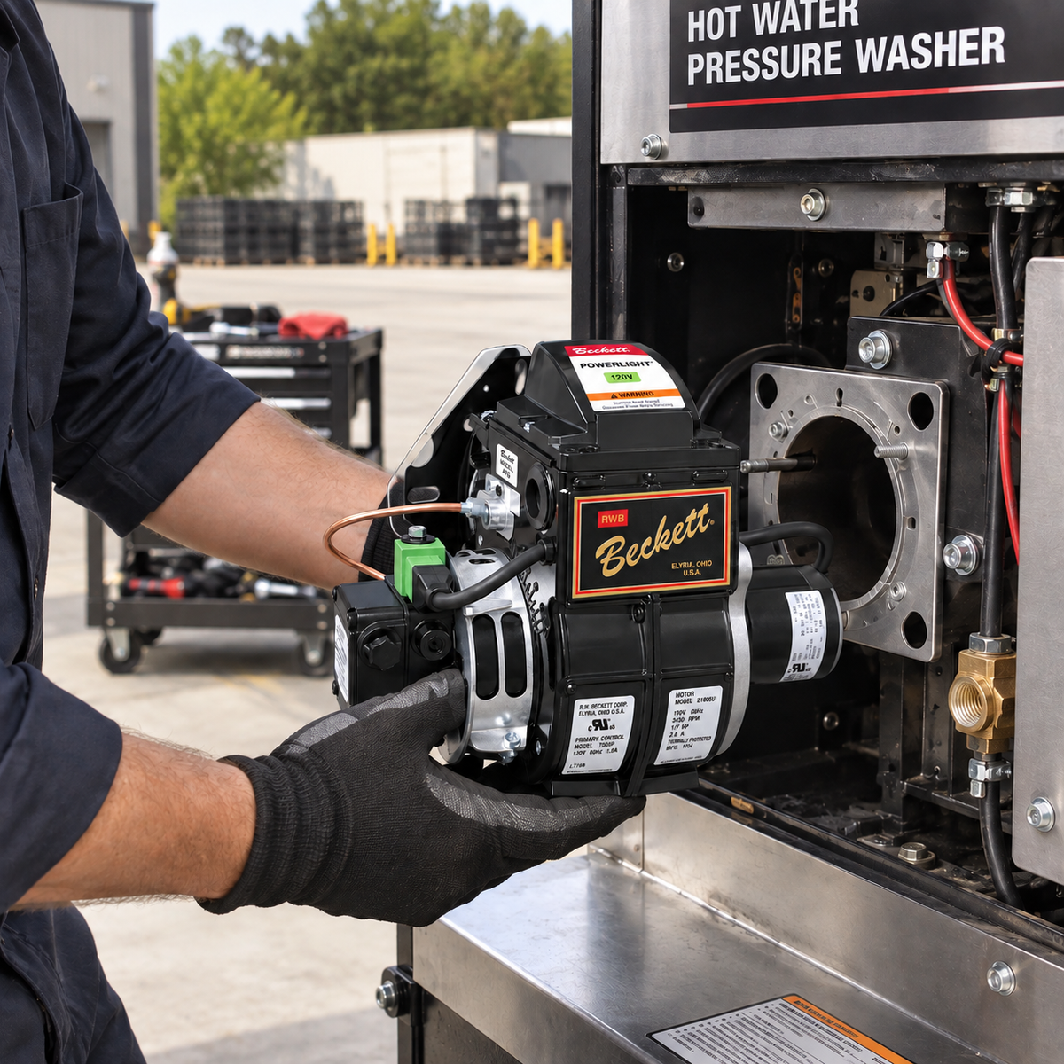 A mechanic holds the Beckett Pressure Washer Oil Burners as a replacement part in front of an open hot water pressure washer machine in an industrial outdoor setting.