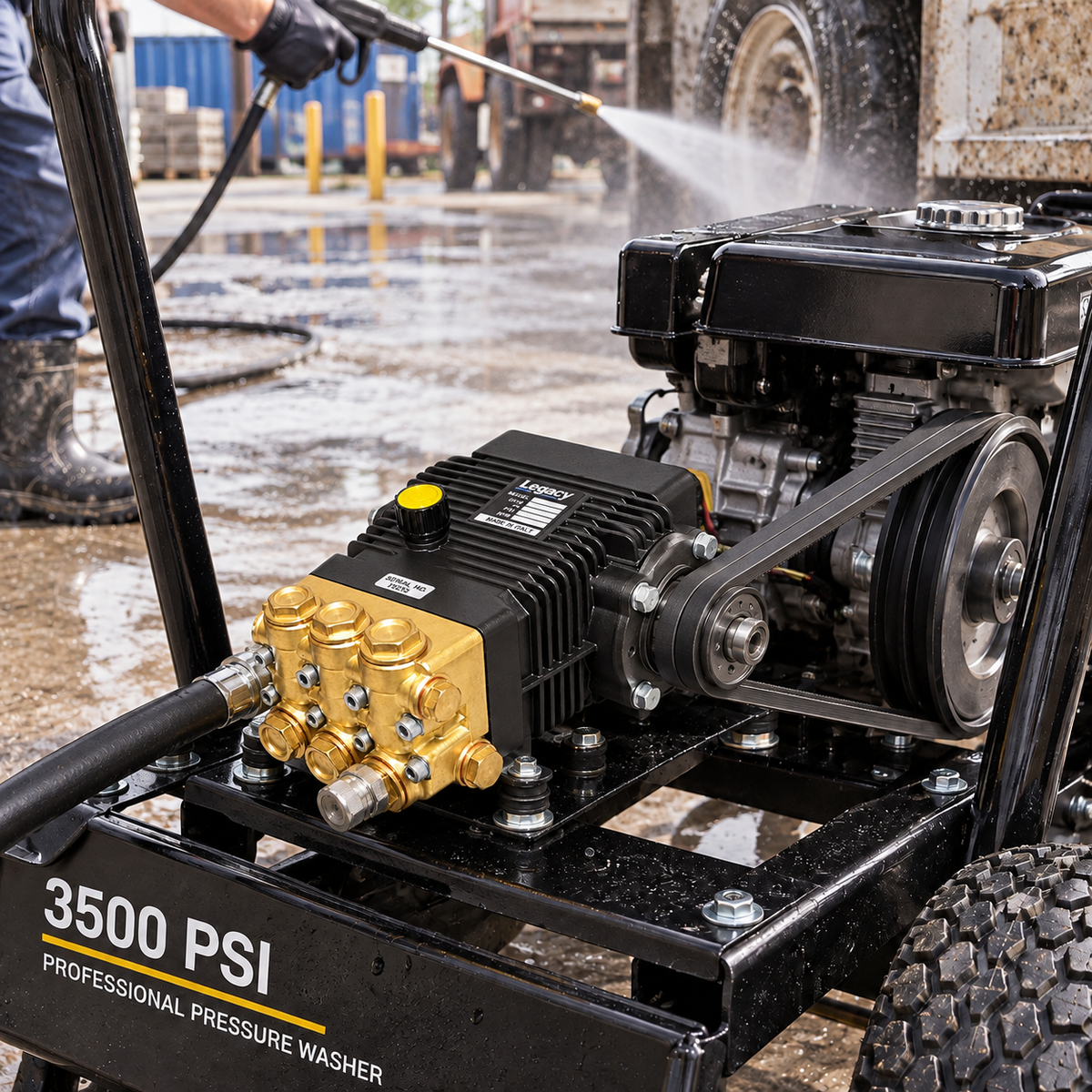 The 3500 PSI Belt Drive Pressure Washer Pump installed on a pressure washer being used outdoors, with water spray visible and a person holding the hose in the background.