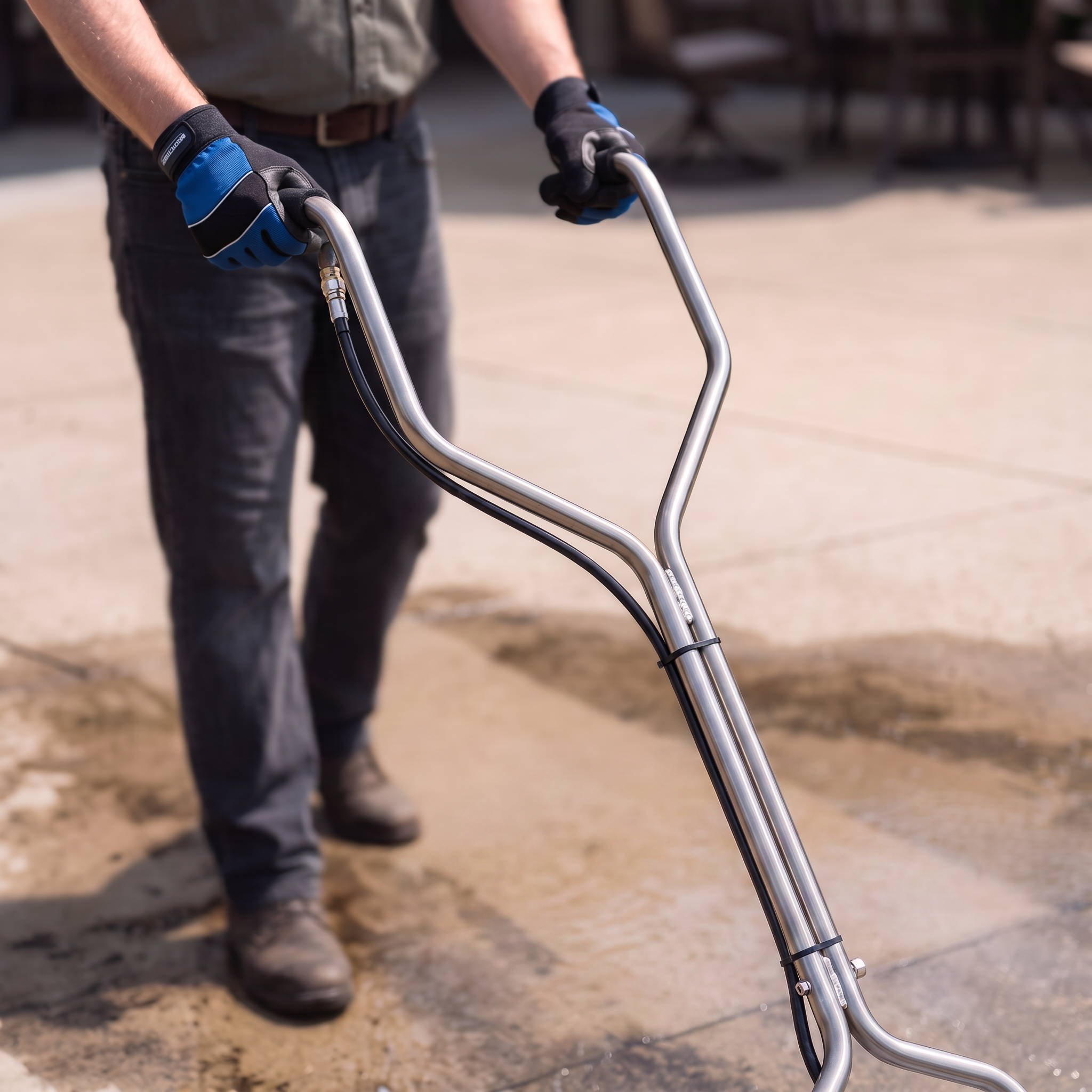 Person using replacement upper handle on a surface cleaner outdoors