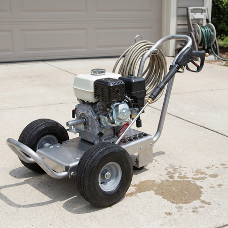 10x20 aluminum frame direct drive cart carrying a Honda GX engine on a residential concrete driveway