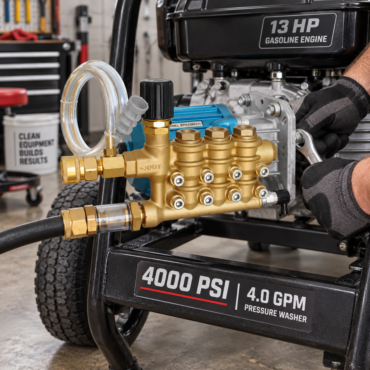 The 4000 PSI Cat Pressure Washer Pump attached to a black 13 HP gasoline engine pressure washer.