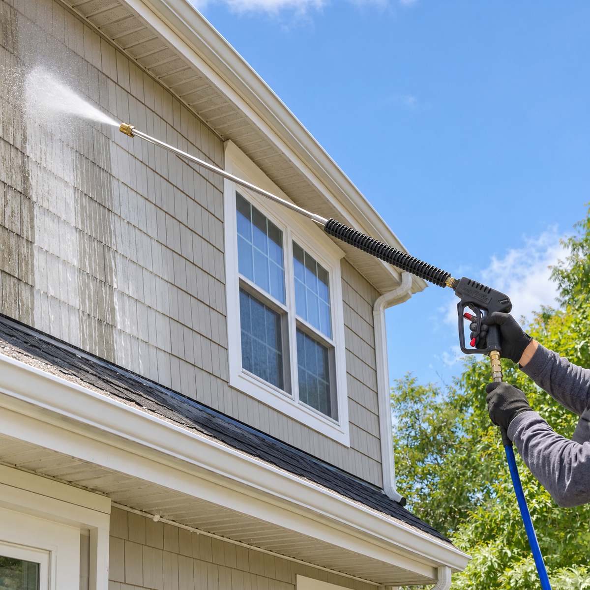 4000 PSI extension wand in use on house exterior