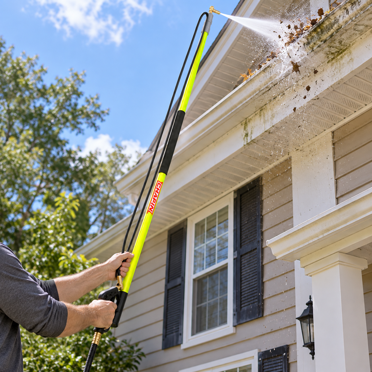 The 4000 PSI Telescopic Pressure Washer Wand is used to clean gutters and second-story home exterior