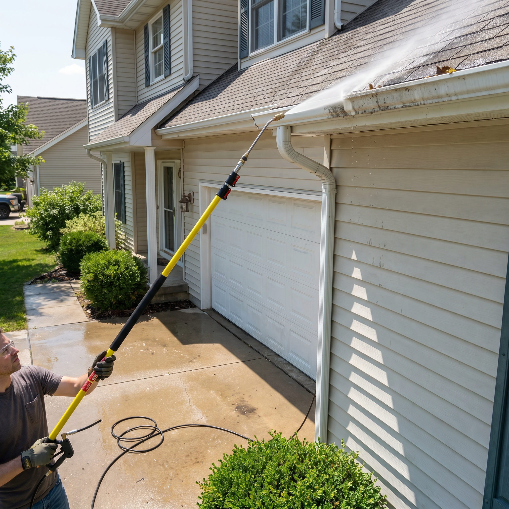 A person using the 4000 PSI 24 FT Telescoping Pressure Washer Wand to clean the roof of a house.