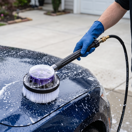 A person's hand wearing a blue rubber glove holds the car wash brush to clean a soapy blue car.