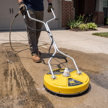 A person using 4000 PSI BE 16 Inch Surface Cleaner on a concrete driveway in front of a house.