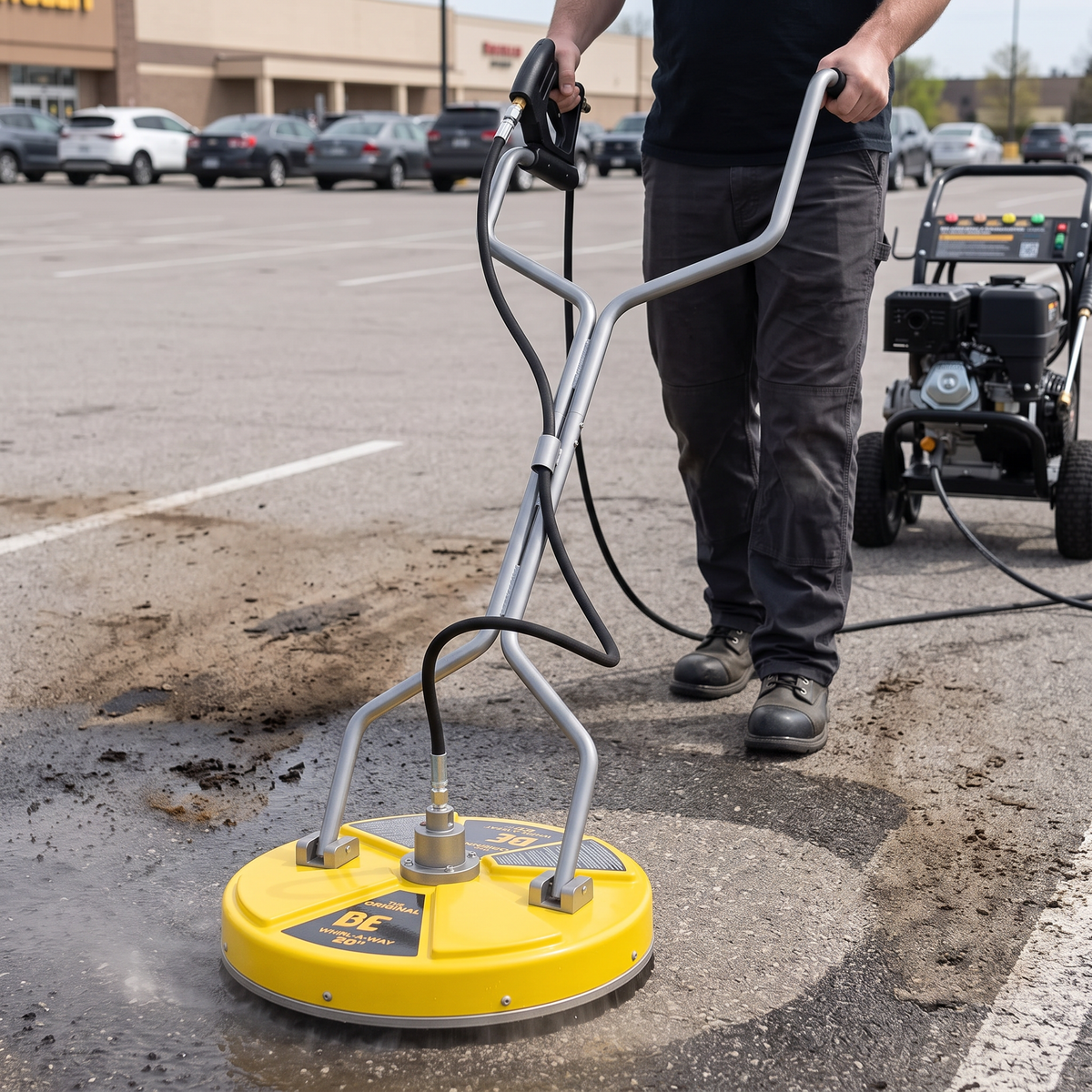 A person using the BE 20 inch Whirl-A-Way Surface Cleaner on wet pavement in a parking lot.
