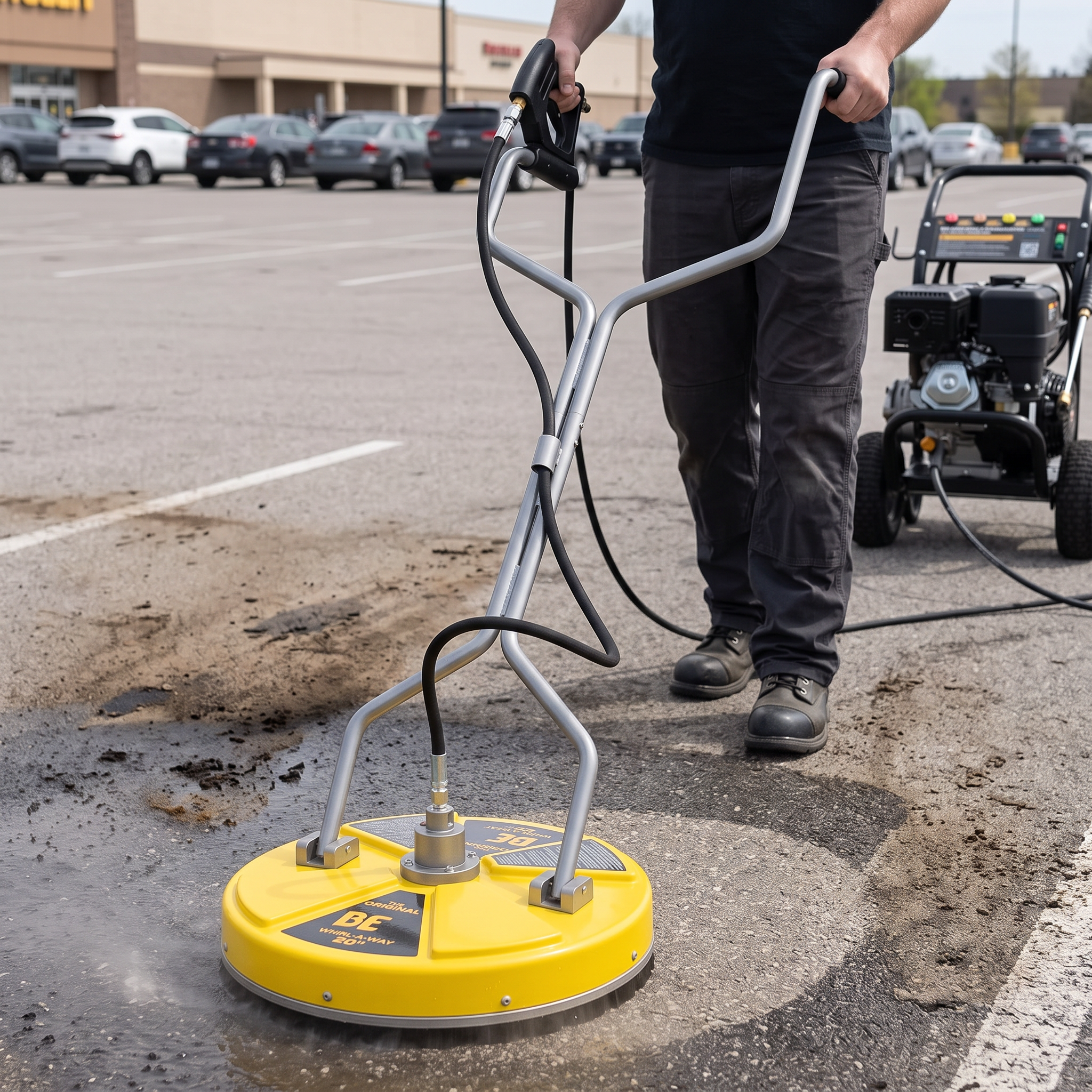 A person using the BE 20 inch Whirl-A-Way Surface Cleaner on wet pavement in a parking lot.