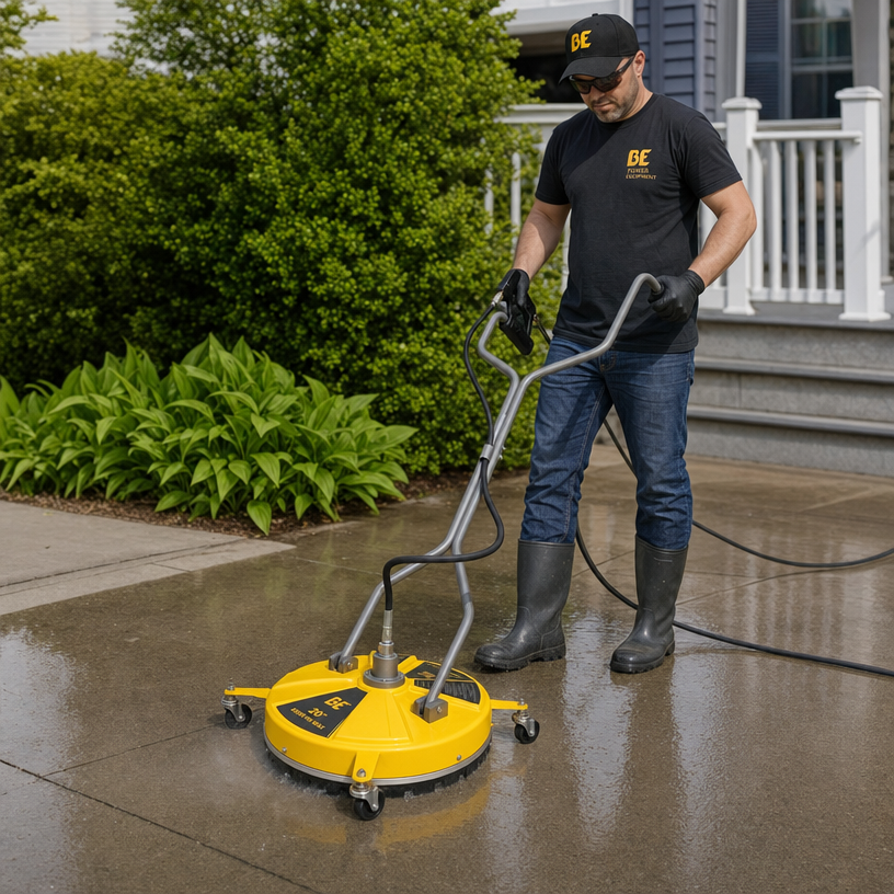Operator using 20 inch BE Whirl-A-Way surface cleaner on a wet concrete patio.