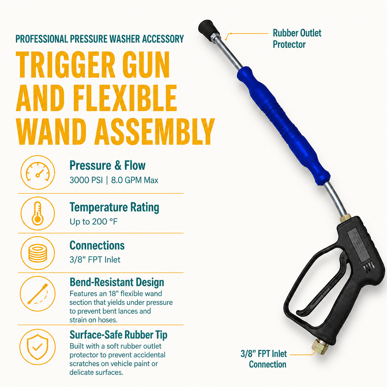 Infographic for the 3000 PSI Car Wash Trigger Gun and Flexible Wand Assembly