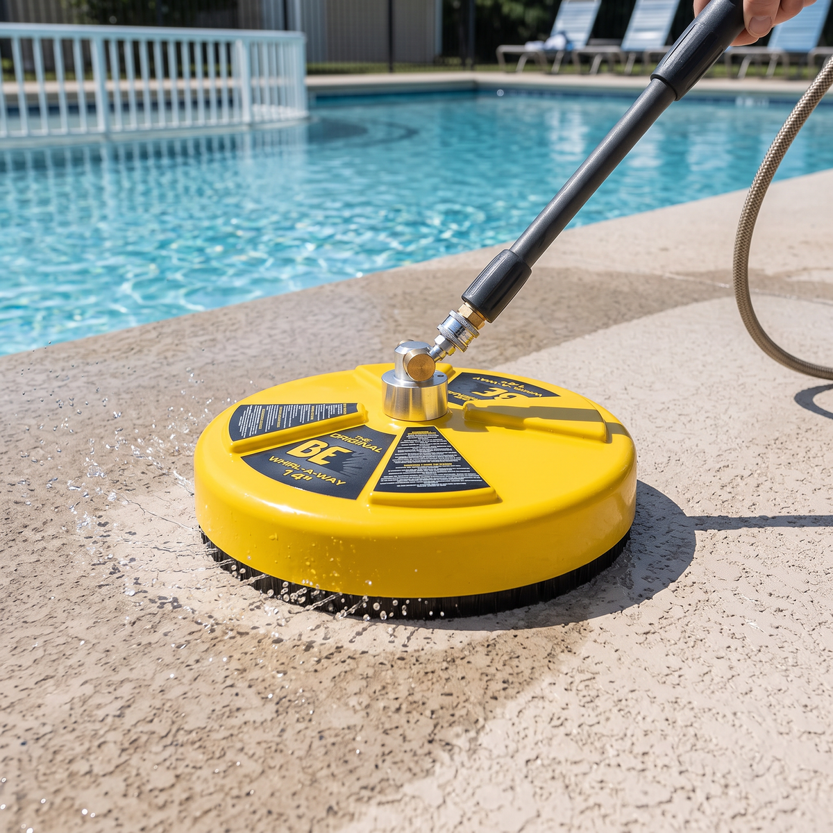 The surface cleaner attachment connected to a hose, being used to clean a concrete swimming pool deck next to a blue swimming pool.