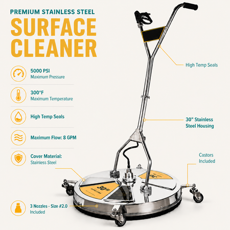 30" SS WHIRL-A-WAY SURFACE CLEANER ARM WITH CASTERS 8GPM 5000 PSI