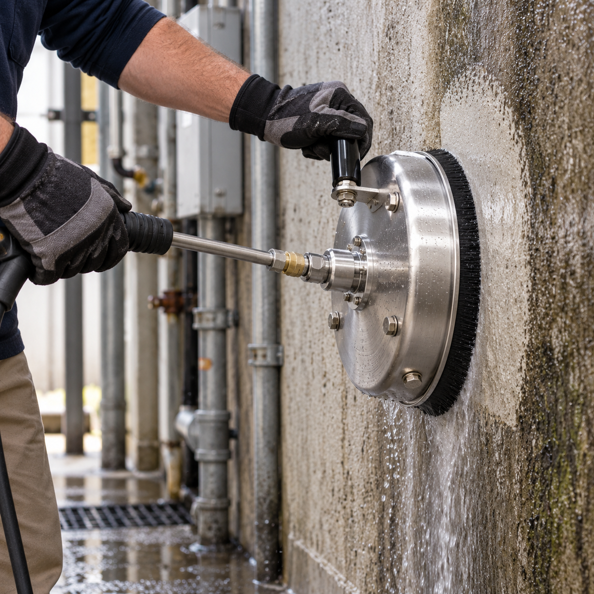 The 4000 PSI  8" the Economy Hand Held Surface Cleaner is used to clean a concrete wall.