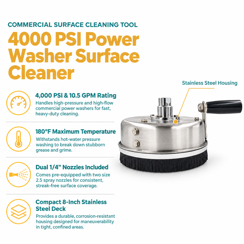 The infographic of 8" the Economy Hand Held Surface Cleaner 4000 PSI @10.5 GPM
