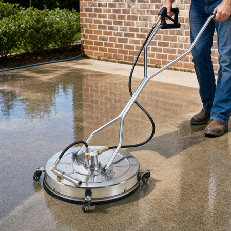 A person using the 4000 PSI 24 inch Power Washer Surface Cleaner on a wet concrete patio in front of a brick wall.