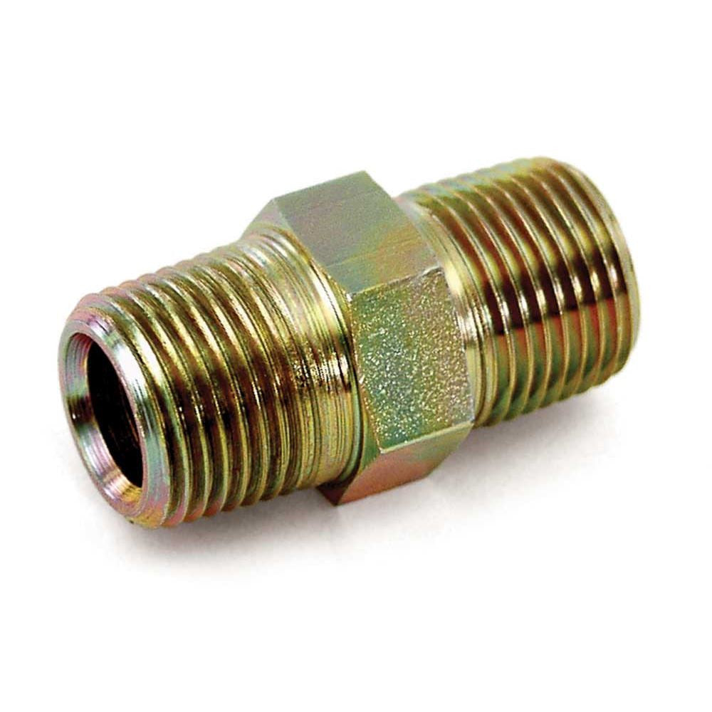 A brass male adapter pipe fitting with a hexagonal body and threaded ends, shown on a white background.
