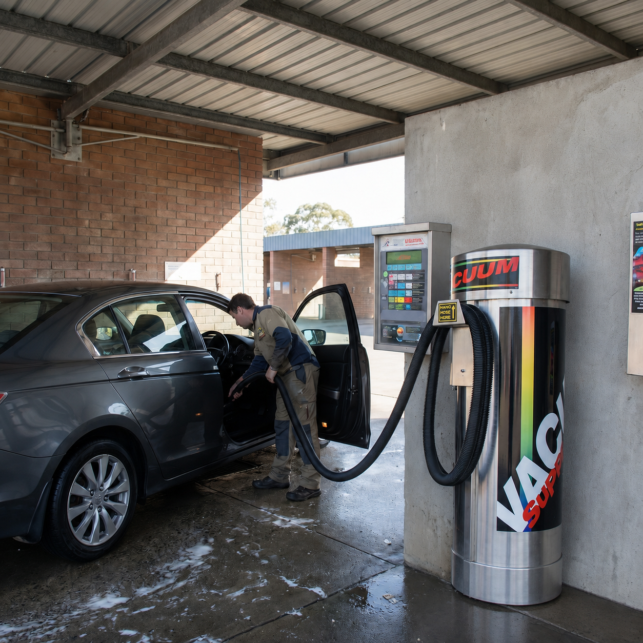 2-Motor Small Stainless Steel Dome Commercial Vacuum being operated at a vehicle detailing bay.