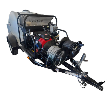 Trailer Pressure Washer with Honda GX630 E-Start 3500 @5.5gpm General 225 gal tank 3500lb axle tool box & chemical meter tank