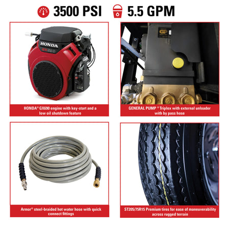 Trailer Pressure Washer with Honda GX630 E-Start 3500 @5.5gpm General 225 gal tank 3500lb axle tool box & chemical meter tank