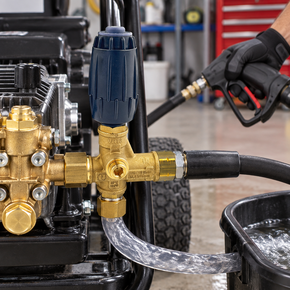 The Pressure Washer Regulator Valve set up on a pump of a pressure washer.