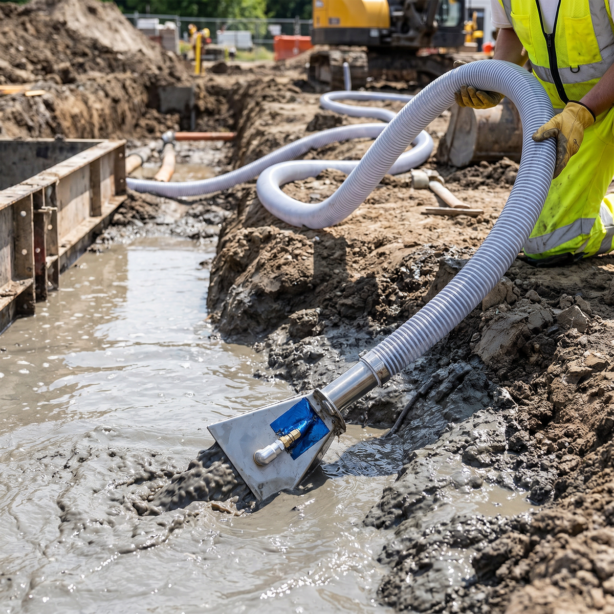 Muck Scupper with 5.5 Orifice Nozzle extracting thick mud and water from an outdoor trench.