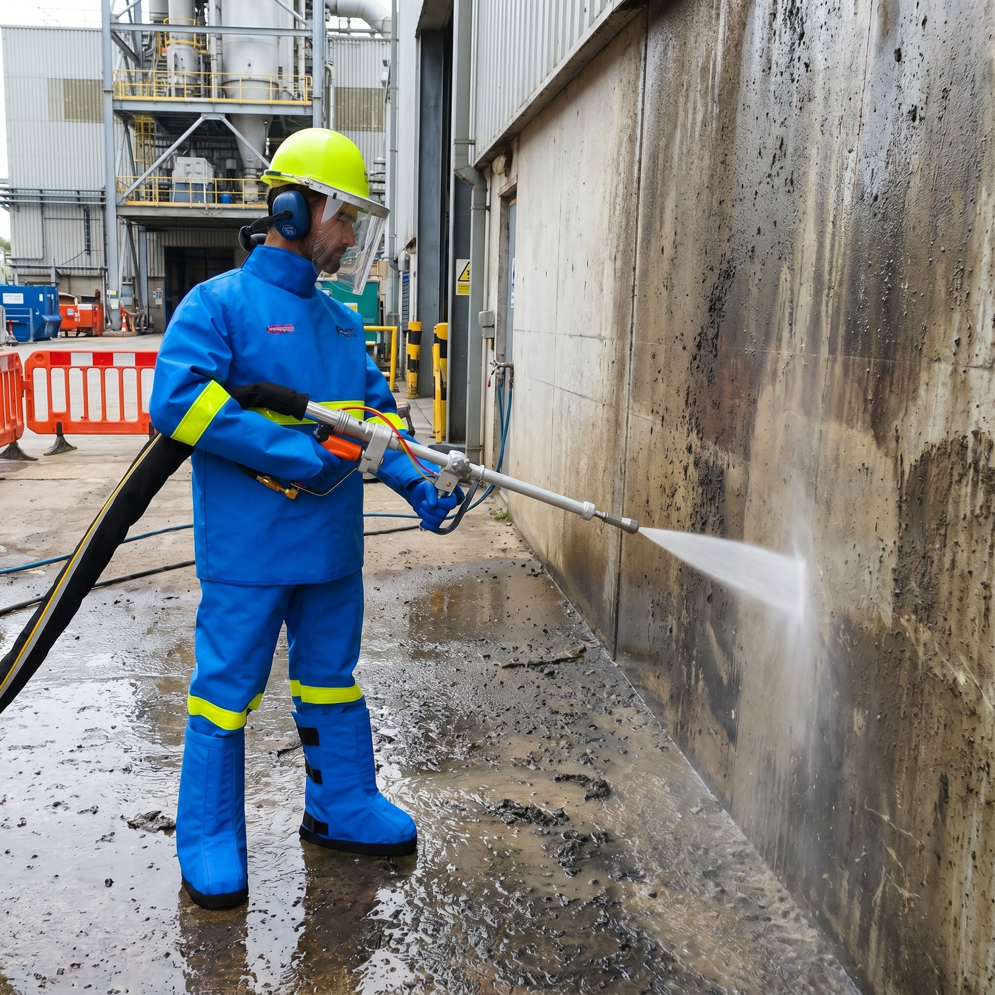 Worker wearing a full protective water blaster safety suit with reflective stripes while hydro-blasting a wall.