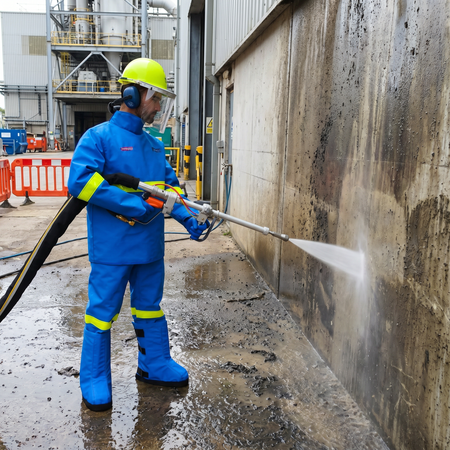 Worker wearing a full protective water blaster safety suit with reflective stripes while hydro-blasting a wall.