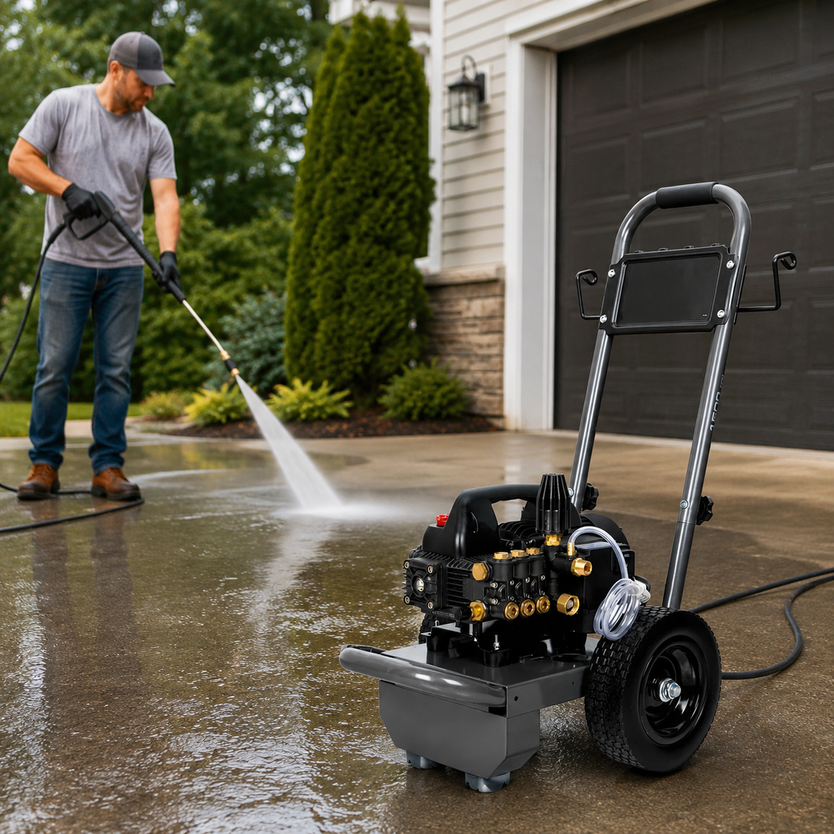 Man pressure washing a concrete driveway with 1500 PSI electric pressure washer
