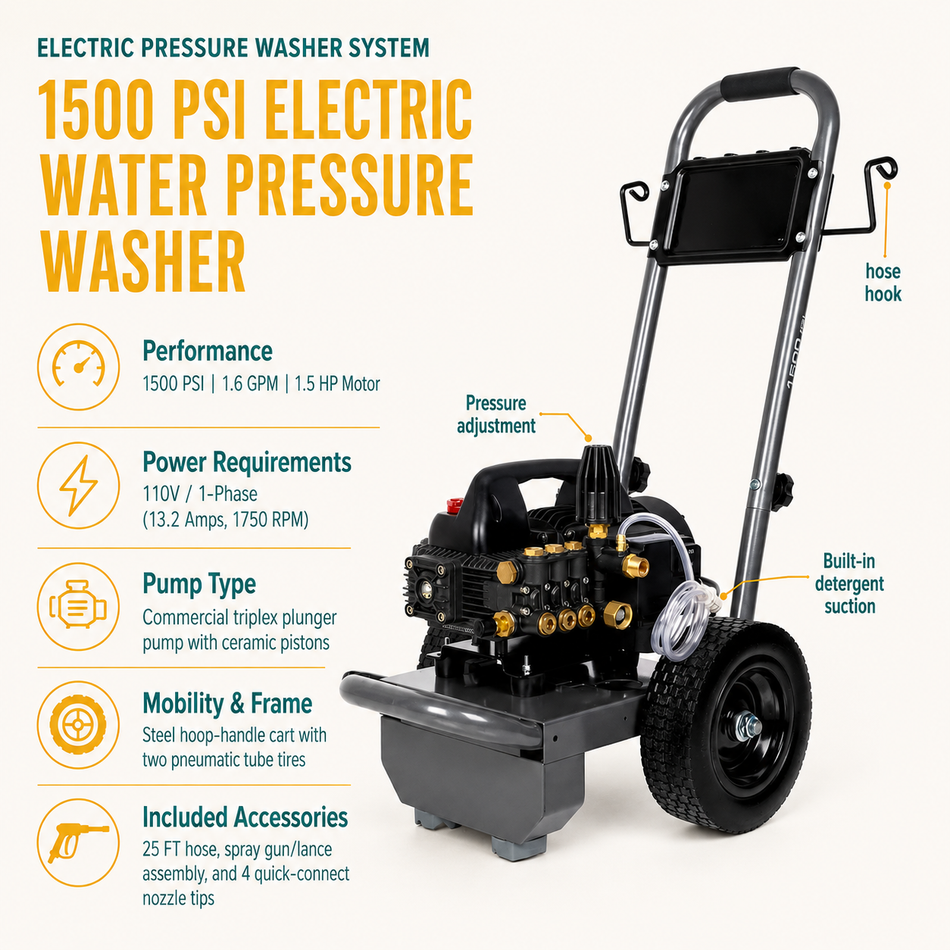 Infographic for 1500 PSI electric water pressure washer with key specifications