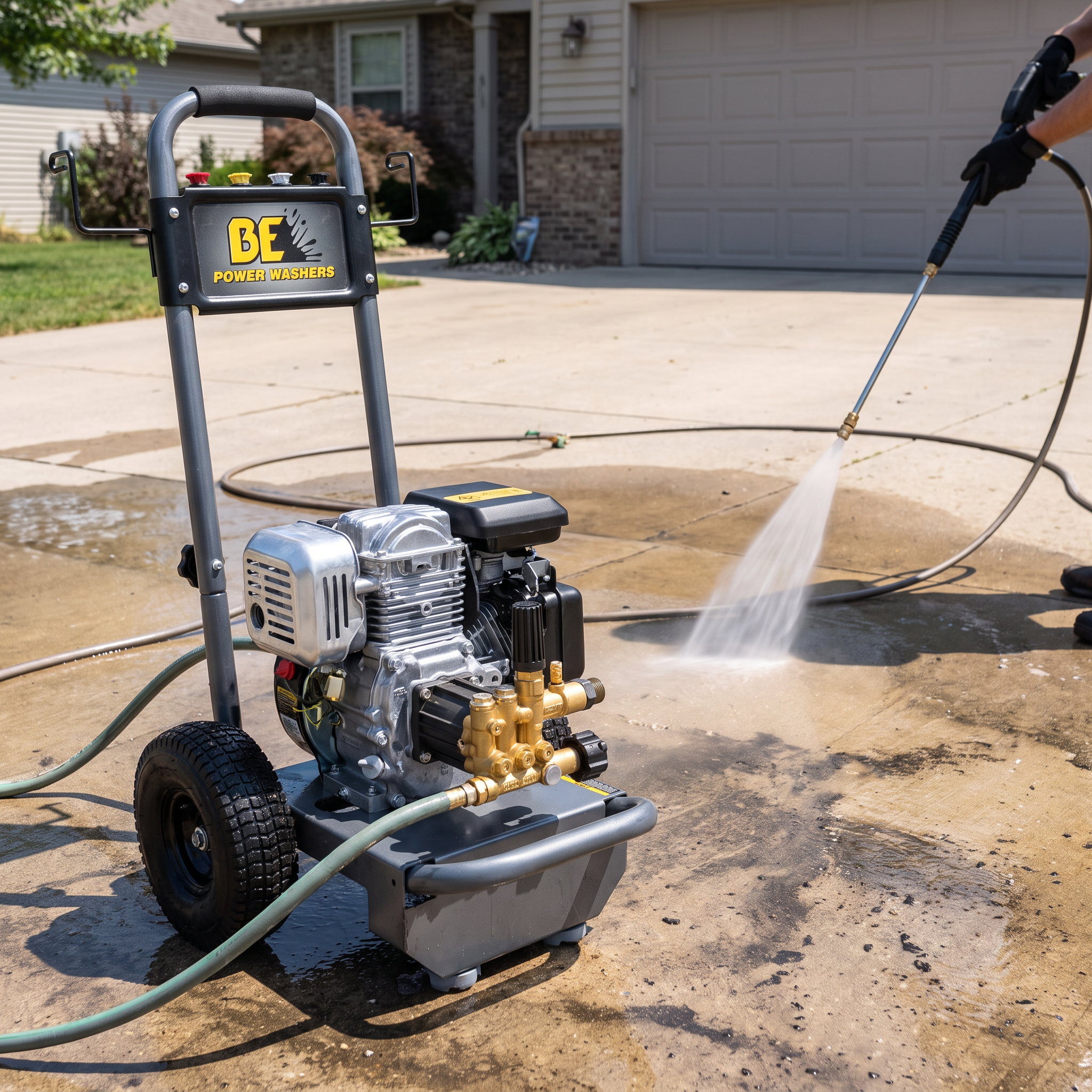 BE Power Equipment 2700 PSI 2.3 GPM cold water pressure washer featuring a Honda GC160 engine and cart-mounted steel frame operating outdoors.