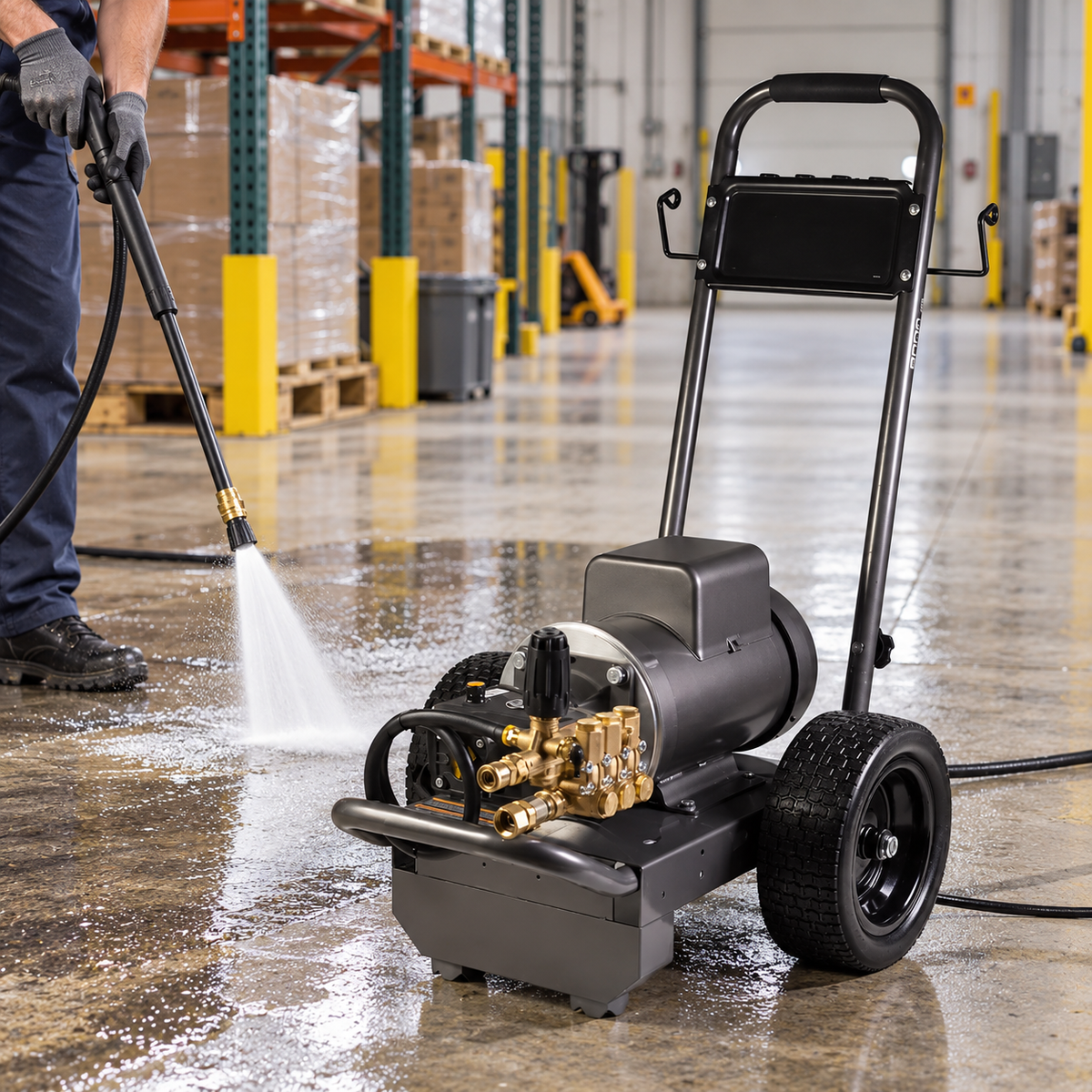 the 2700 PSI electric high-pressure water washer with brass fittings and two wheels is being used to clean a wet warehouse floor, with a person holding a pressure washer hose visible on the left.