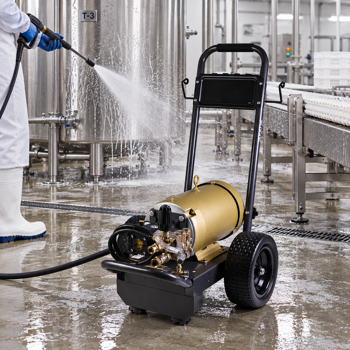 the 3000 PSI Power Washer Electric being used in a stainless steel cleaning facility, with a person in a white lab coat spraying water with a hose.