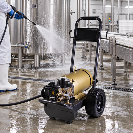 the 3000 PSI Power Washer Electric being used in a stainless steel cleaning facility, with a person in a white lab coat spraying water with a hose.