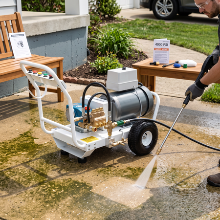 Operator using 4000 PSI 4.0 GPM electric pressure sprayer on a dirty concrete patio