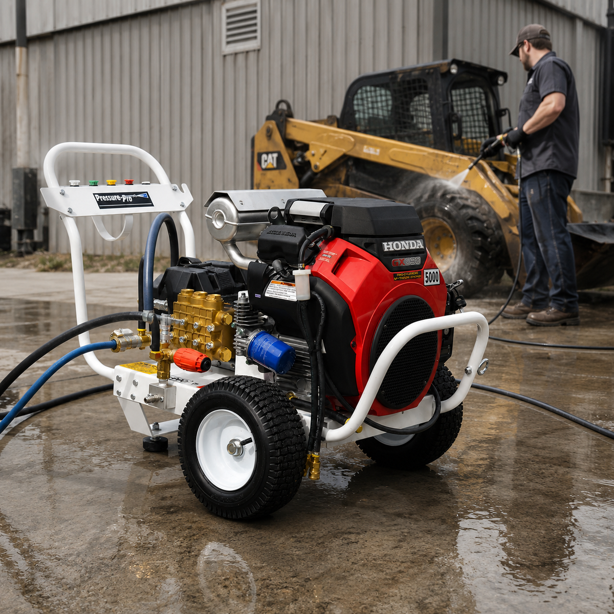 6000 PSI belt-drive pressure washer with Honda GX engine being used in an industrial outdoor setting.