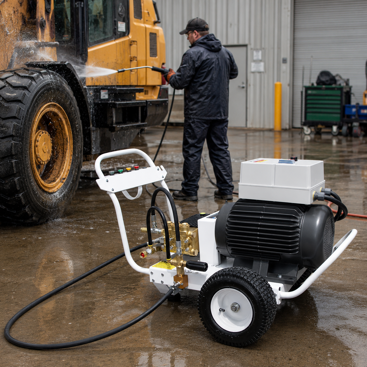 Operator cleaning heavy machinery outside a workshop bay using the 5000 PSI 5.5 GPM electric power pressure washer.